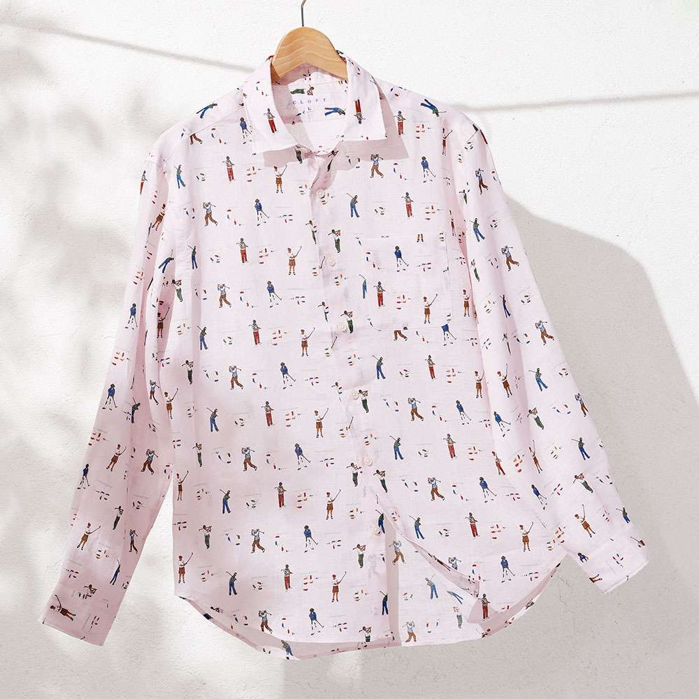 リネン100％プリント柄 長袖シャツ