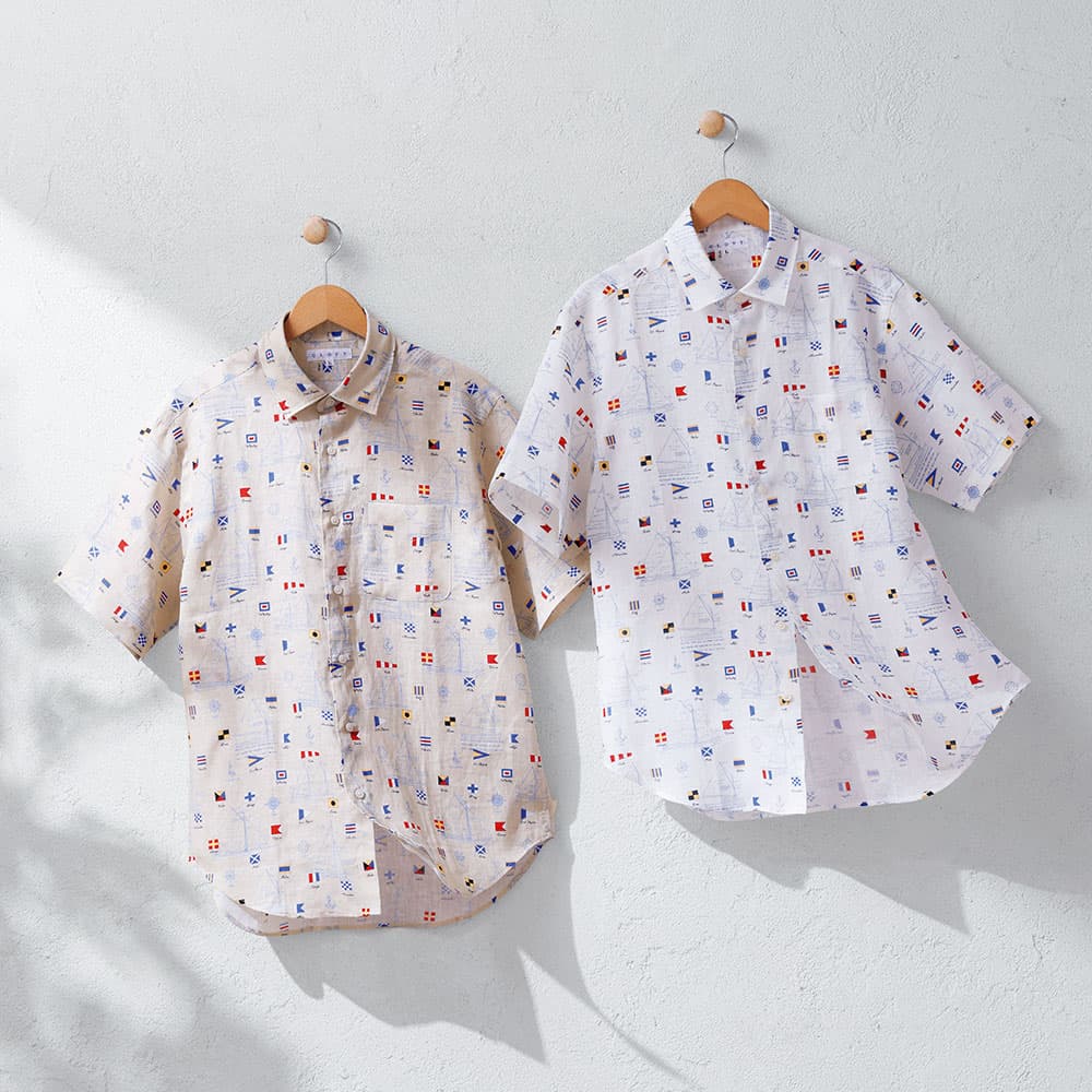 リネン100％マリン柄プリント半袖シャツ