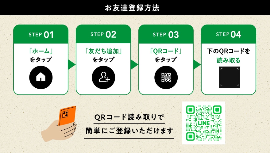 お友達登録方法 STEP01「ホーム」をタップ、STEP02「友だち追加」をタップ、STEP03「QRコード」をタップ、STEP04下のQRコードを読み取る